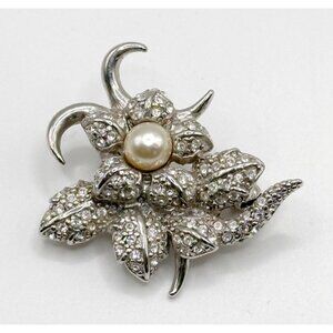Floral Flower Rhinestone‎ Faux Pearl Silvertone Pin Brooch Signed